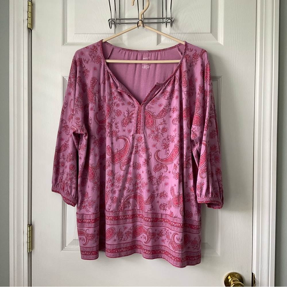 NWT J Jill Pure Split Neck Pink Paisley Cotton/Tencel Top XL